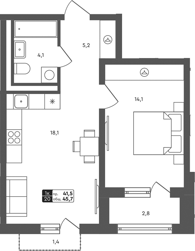 Планировка 1-к.кв, 45.7 м² в ЖК Совушки